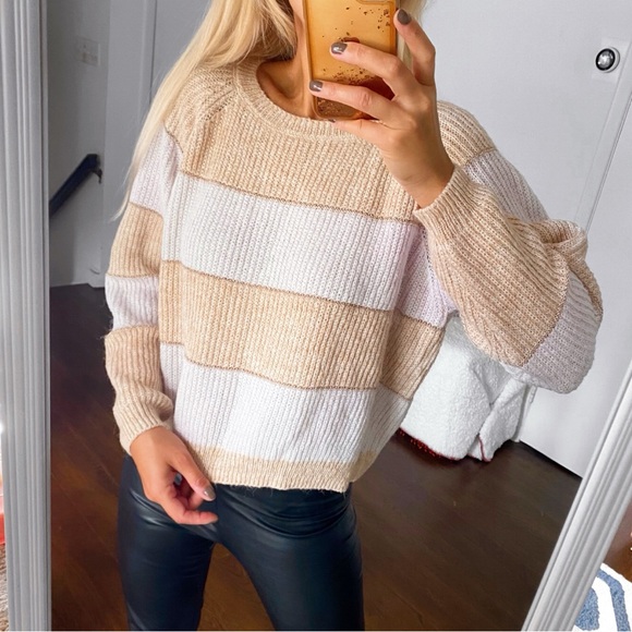 🍂 ONLY IVORY TAN METALLIC STRIPE CHUNKY KNIT SWEATER! - Picture 2 of 16